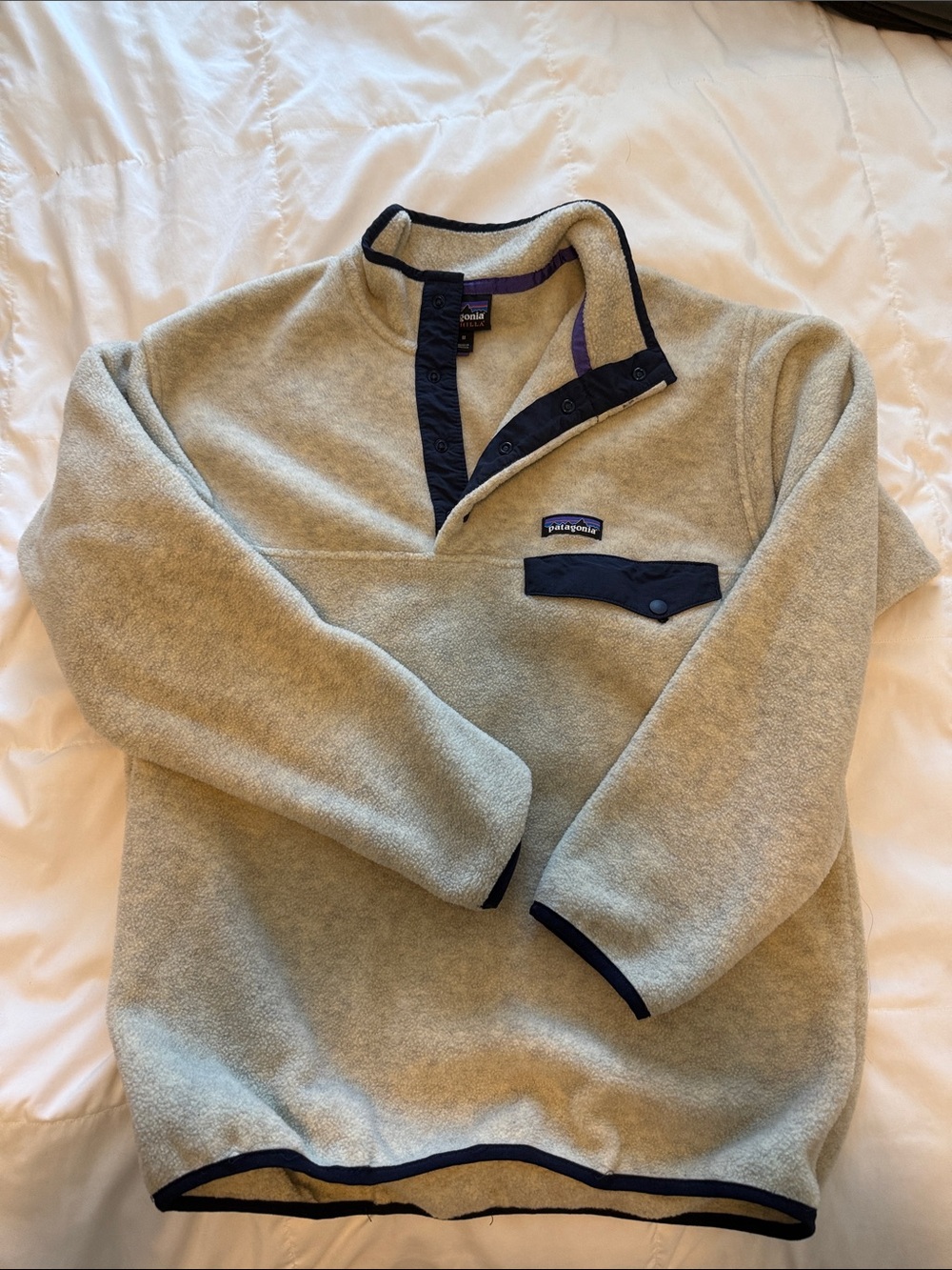 Patagonia Men’s Tan Fleece Snap-Up Pullover with Navy Trim